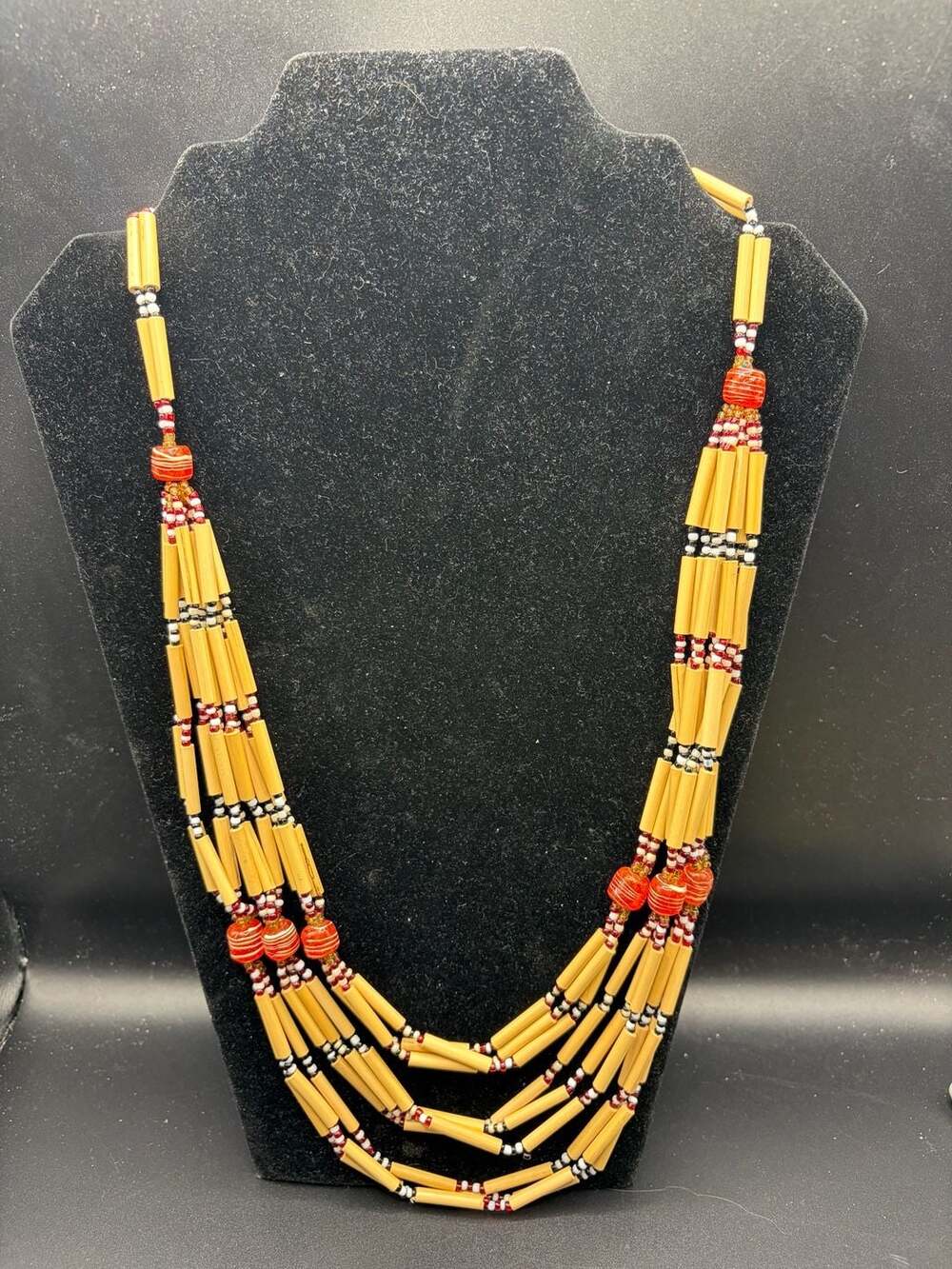 Vintage Multi Strand Bamboo Tube Seed Bead Statement Necklace